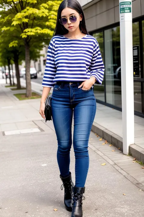 1girl,long hair,solo,purple and white thick stripes Breton Top,full body,jeans,Leather boots, <lora:haihun:0.8>