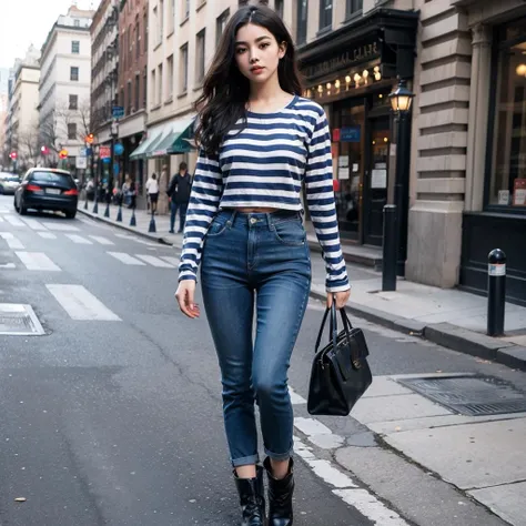 1girl,long hair,striped shirt,full body,jeans,Leather boots,<lora:haihun:0.8>