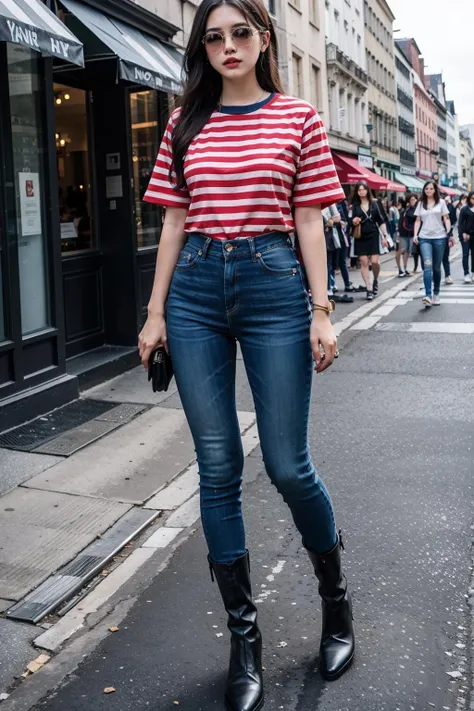1girl,long hair,solo,Red and white thick stripes Breton Top,full body,jeans,Leather boots, <lora:Breton Top:0.6>