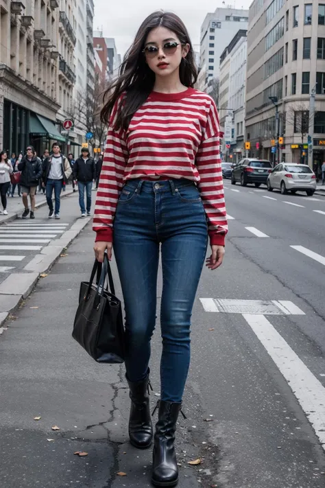 1girl,long hair,solo,Red and white thick striped long sleeve Breton Top,full body,jeans,Leather boots, <lora:Breton Top:0.6>
