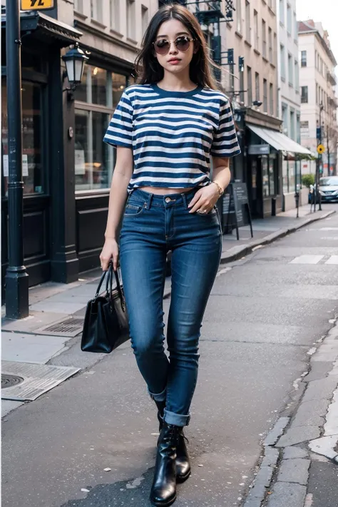 1girl,long hair,striped shirt,full body,jeans,Leather boots,<lora:haihun:0.8>