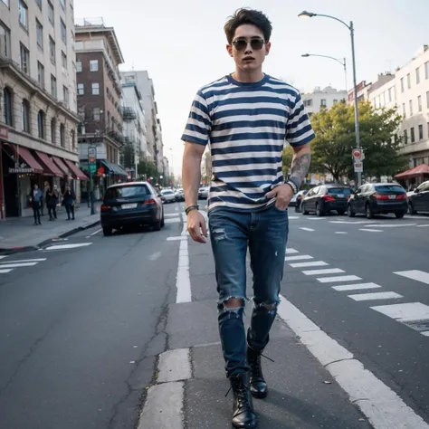 1boy,short hair,striped shirt,full body,jeans,Leather boots,<lora:haihun:0.8>