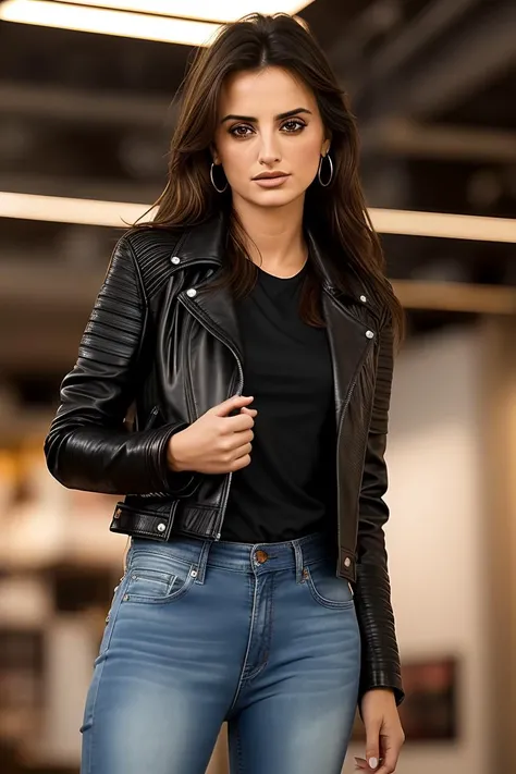 photo of beautiful young (p3cruz:0.99), a woman, (black leather jacket:1.2), (red long sleeve top), (jeans), in a department store, natural light, (masterpiece:1.2) (photorealistic:1.2) (best quality) (detailed skin:1.2) (intricate details) (8k) (HDR) (cinematic lighting) (sharp focus), (looking at the camera:1.1), hoop earrings