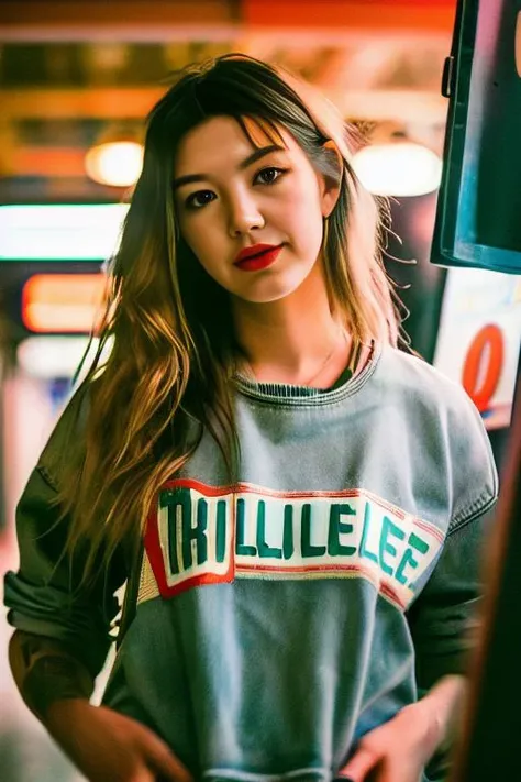 aliskovbye ((wide angle)) (( poster)), ((wearing casual grunge clothes)) ((at an arcade)), ((looking at camera)), smile, Detailed, Detailed pretty face, Sharp Focus, (Detailed and intricate), Leica 35mm F2.8, Fuji Superia Reala 100