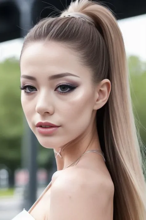 photo of aliskovbye dynamic posture, slender physique, pouty, teasing smirk, (extremely detailed:1.3), (textured skin:1.3), (slutty makeup:1.3), small, petite, lipstick, (detailed eyes), highres, realistic lighting, freckles, choker, (sexy clothes:1.2), (background in public park:1.2), (sunny:1.3)