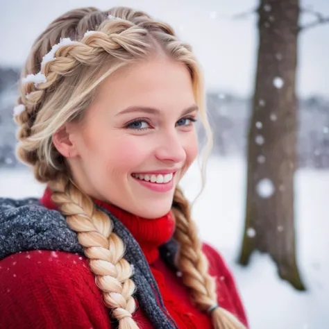 portrait of a beautiful woman, norwegian, braided hair, winter, outdoors, snow, closeup, blond, shy, smiling, colorful, red lusekofte,