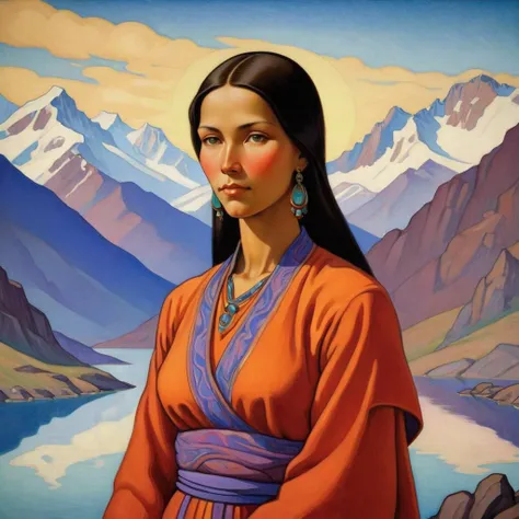 A picture of a woman by Nicholas Roerich, colorful,