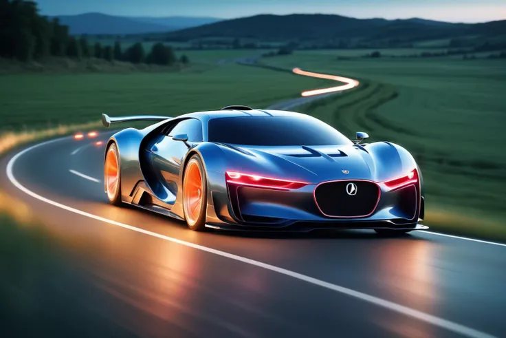 a speeding dream car in the night, long shot, future, lonely road, countryside, glowing wheels, motion blur,