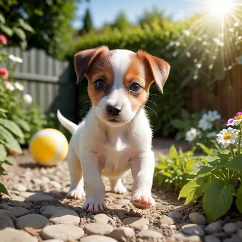 a tiny jack russell puppy playing with a ball in the garden, midday, summer, volumetric light, <lora:add-detail-xl:3>