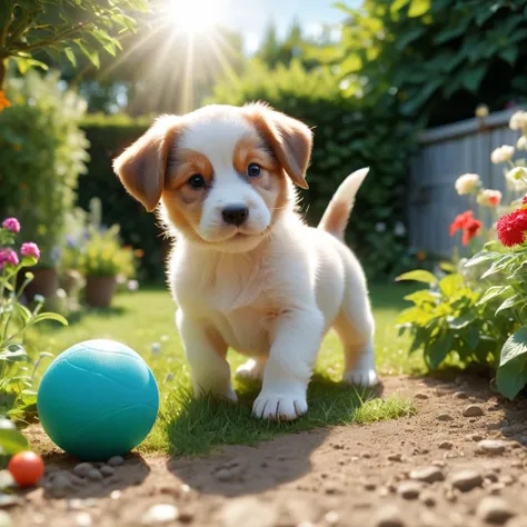 a puppy playing with a ball in the garden, midday, summer, volumetric light,