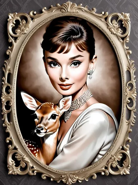 a stylish portrait of Audrey Hepburn holding her pet deer, close up, high detail, beautiful, classy, elegant, <lora:CalliyFSDXL:1>, with a CalliyF frame