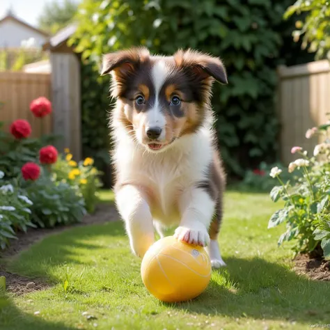 a collie puppy playing with a ball in the garden, midday, summer, volumetric light, <lora:add-detail-xl:3>