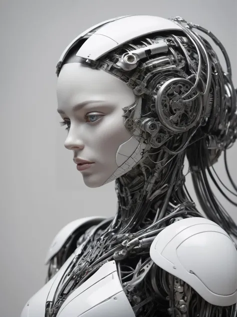 real skin, perfect face, +realistic photography of a female cyborg humanoid, back arched, grasping, silicon ribbon highly detailed intricate filigree, extreme detail, in the style of beth cavener, jin kagetsu, wlop, symmetry, masterpiece, concept art, ringflash, highkey lighting, ambient lighting, hard key light, geometric shape impossible, painting in metal, interlocking, elegant, harmonious, fine and aesthetic, color inspired by the art of brutalism, black and white, (extreme fine art:1.1),