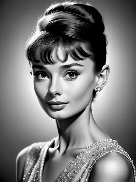 a stylish portrait of Audrey Hepburn, close up, high detail, grayscale, beautiful,