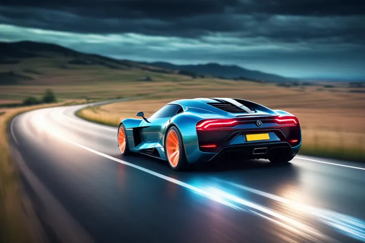 a speeding dream car in the night, long shot, future, lonely road, countryside, glowing wheels, motion blur,