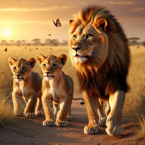 lion with cubs, playing on the savanna, chasing a butterfly, volumetric light, dawn,