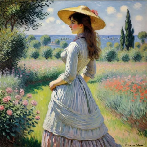 A picture of a woman by Claude Monet, colorful,