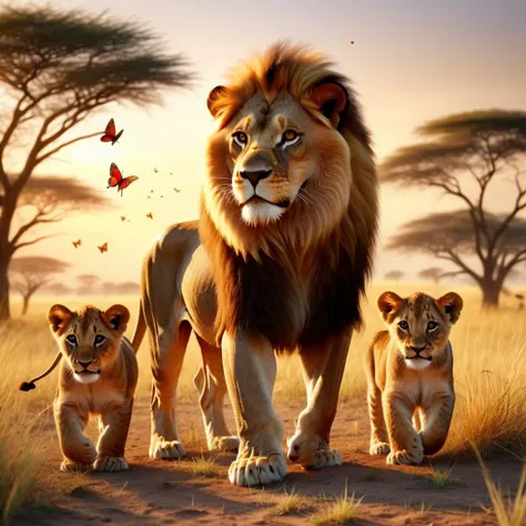 lion with cubs, playing on the savanna, chasing a butterfly, volumetric light, dawn,