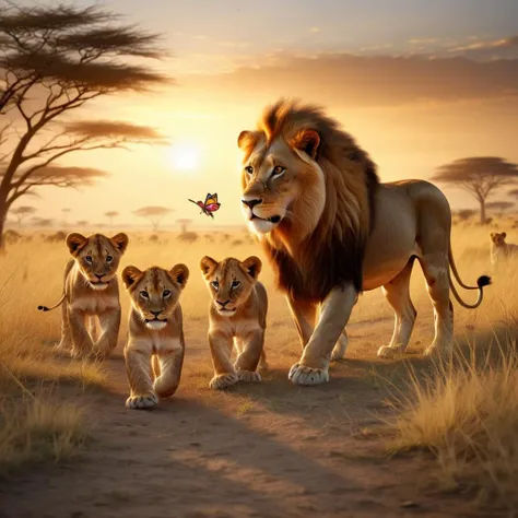 lion with cubs, playing on the savanna, chasing a butterfly, volumetric light, dawn,