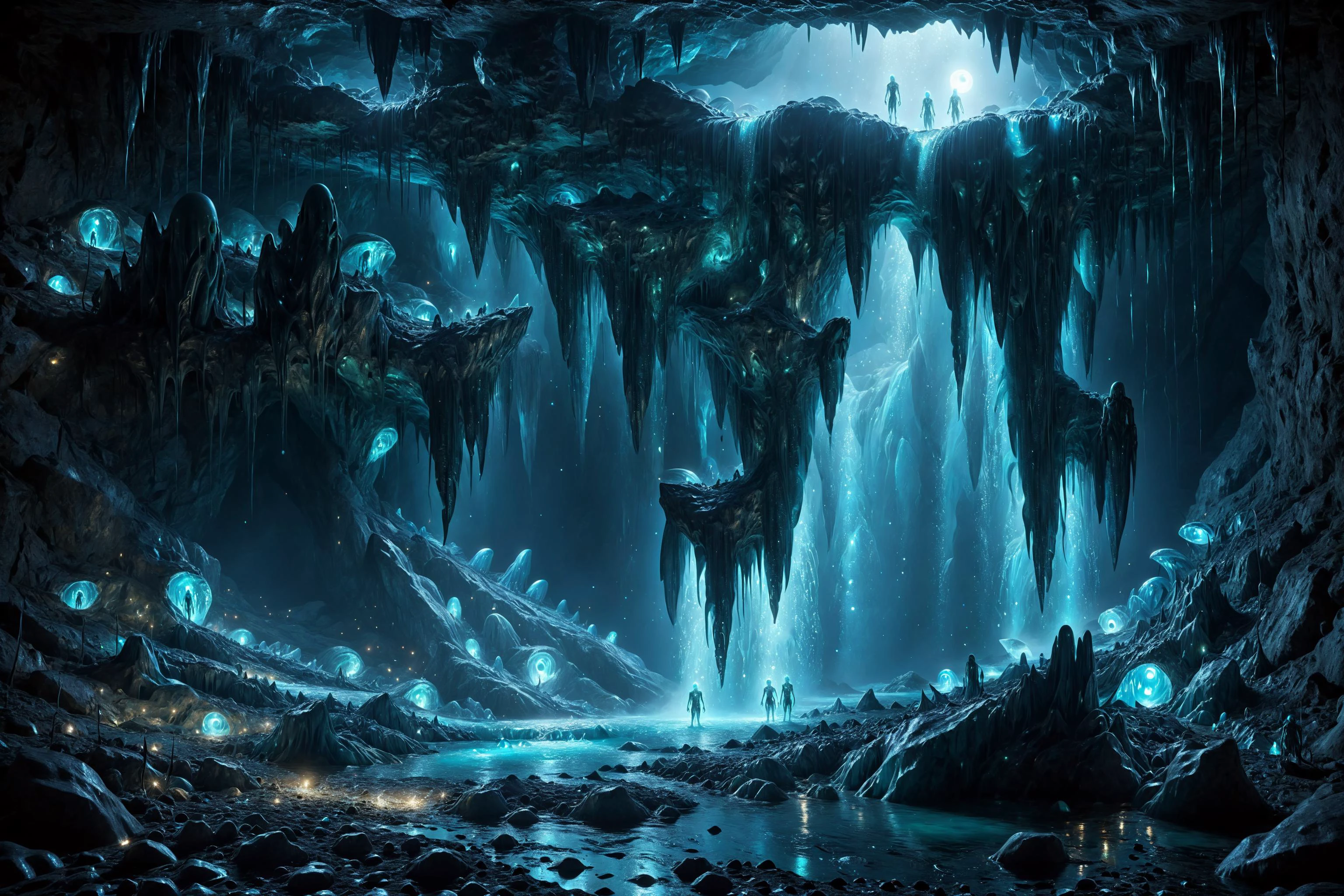 inside a glacier cave, waterfall, (night:1.3), moonlight, mysterious glowing (scary:1.3) aliens, <lora:add-detail-xl:3>, <lora:Bio-Luminescence:0.8> bioluminescent, glowing, <lora:Sparkle_Explosion:0.8>, sparkles, glowing eyes,