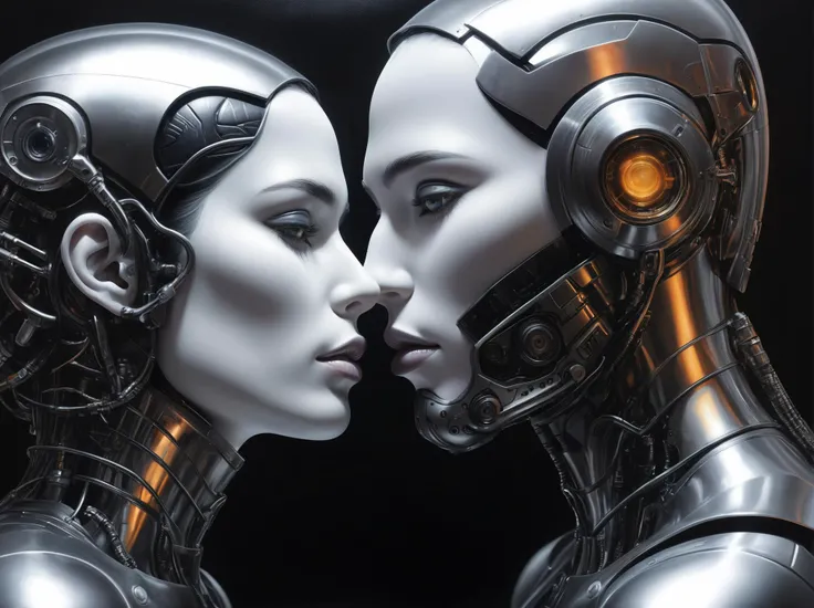 +ultra realistic close - up of a couple of cyborgs kissing, lovers, faces, cyberpunk, sci - fi, fantasy, flare, soft light, night, highly detailed, geometric shape impossible, painting in metal, interlocking, elegant, harmonious, fine and aesthetic, color inspired by the art of brutalism, black and white,
