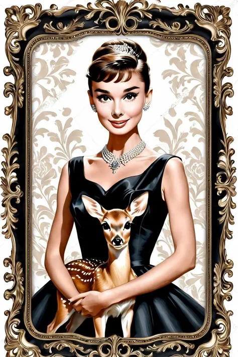 a stylish portrait of Audrey Hepburn holding her pet deer, close up, high detail, beautiful, classy, elegant black dress, <lora:CalliyF:1>, with a CalliyF frame,