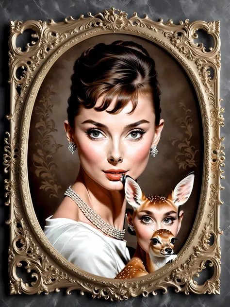 a stylish portrait of Audrey Hepburn holding her pet deer, close up, high detail, beautiful, classy, elegant, <lora:CalliyFSDXL:1>, with a CalliyF frame