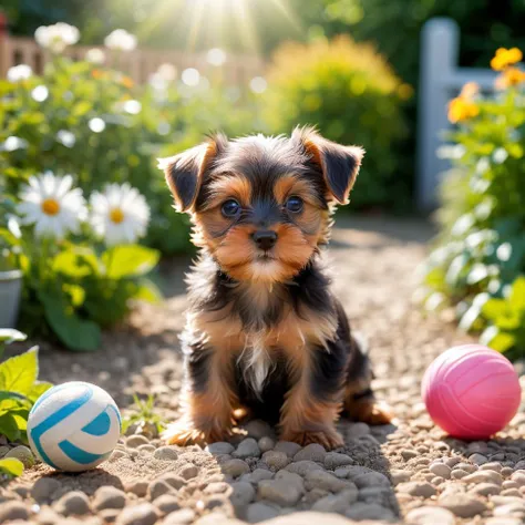 a tiny Yorkshire terrier puppy playing with a ball in the garden, midday, summer, volumetric light, <lora:add-detail-xl:3>