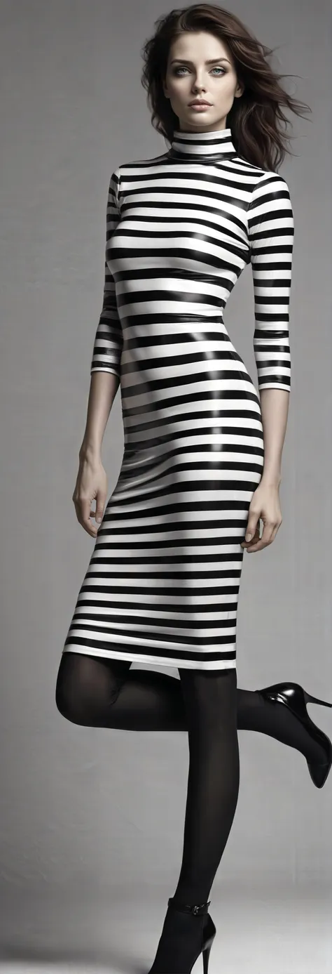 a full body photography by Richard Avedon, beautiful detailed eyes, real skin, +a curvy hot young woman ethnicities Roma wearing an elegant modest tight shiny color inspire de l'art du Brutalisme, noir et blanc striped latex high-neck dress, intricate linework, cgsociety, photorealistic, sublime-cool-hyperadvanced-dark-amorous ambience, 16k, smooth, sharp focus, trending on ArtStation, volumetric lighting, fully clothed, thin waist, highly detailed artgerm artstation photoshop \(medium\), color inspire de l'art du Brutalisme, noir et blanc,