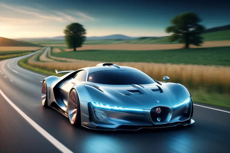 a speeding dream car in the night, long shot, future, lonely road, countryside, glowing wheels, motion blur,