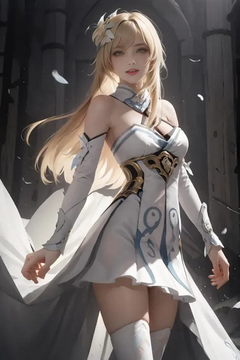 ((best quality)), ((highly detailed)), masterpiece, absurdres, extremely detailed face, beautiful face, (detailed eyes, deep eyes), (1girl), from behind, looking back, dynamic pose, cowboy shot, wide shot, <lora:hairdetailer:.9>, <lora:swordmaiden:1>, sword_maiden, blonde hair, long hair, black blindfold, dress, white dress, habit, jewelry, necklace, detached sleeves, (outside, in a mausoleum, dusk, shooting star)