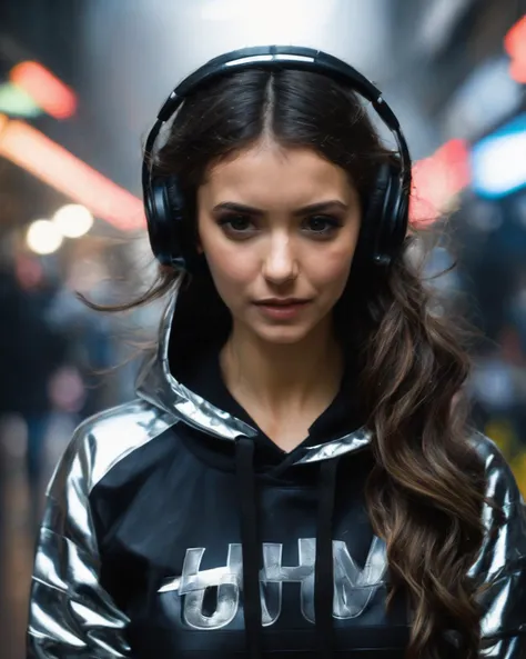 nina_dobrev,<lora:NinaDobrevXL:1>,woman wearing gamer headphones and black cyberpunk hoodie, wet clothes, wet skin, wet hair, soaking wet, neon detail, hands in pockets, city street, night, raining, happy, smiling, long hair, realistic,, ((perfect eyes, detailed eyes,realistic eyes)), ((sharp face, detailed face, realistic face, naturtal skin, realistic skin, detailed skin, pores)), (masterpiece, best quality, ultra-detailed, best shadow), high contrast, (best illumination), ((cinematic light)), colorful, hyper detail, dramatic light, intricate details, (1 girl, solo) , ultra detailed artistic photography, dreamy, backlit, shadows, ultra high definition, 8k, ultra sharp focus, ultra high quality model, soft lighting, film photography, analogue photography, hyperrealism,
