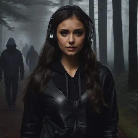 nina_dobrev,<lora:NinaDobrevXL:1>,happy, smiling, long hair, realistic, solid black hoodie, over-ear headphones, walking down a dark foggy path, fingerless gloves, upper body, graveyard at night, dark night, full moon, fog, foggy, tombstones, zombies, ghosts, vampires, werewolfs, haunted atmosphere, ((perfect eyes, detailed eyes,realistic eyes)), ((sharp face, detailed face, realistic face, naturtal skin, realistic skin, detailed skin, pores)), (masterpiece, best quality, ultra-detailed, best shadow), high contrast, (best illumination), ((cinematic light)), colorful, hyper detail, dramatic light, intricate details, (1 girl, solo) , ultra detailed artistic photography, dreamy, backlit, shadows, ultra high definition, 8k, ultra sharp focus, ultra high quality model, soft lighting, film photography, analogue photography, hyperrealism,