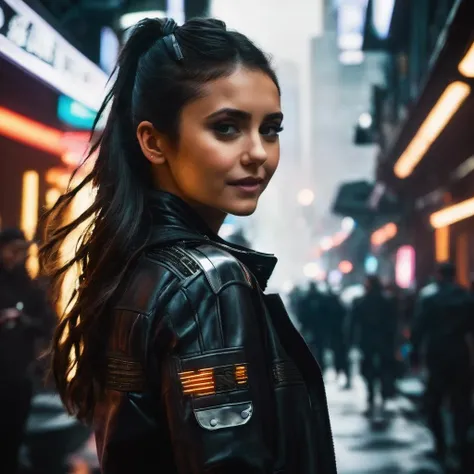 nina_dobrev,<lora:NinaDobrevXL:1>, editorial photo of a beautiful woman walking through a cyberpunk city, shallow DOF, long black hair, ponytail, foggy mood, medium shot, cyberpunk city in background, futuristic city, 24 century,  ((low key)), wondrous, (smile), (grin), (masterpiece, best quality, ultra-detailed, best shadow), high contrast, (best illumination), ((cinematic light)), colorful, hyper detail, dramatic light, intricate details, (1 girl, solo) , ultra detailed artistic photography, dreamy, backlit, shadows, ultra high definition, 8k, ultra sharp focus, ultra high quality model, soft lighting, film photography, analogue photography, hyperrealism,, ((perfect eyes, detailed eyes,realistic eyes)), ((sharp face, detailed face, realistic face, naturtal skin, realistic skin, detailed skin, pores))
