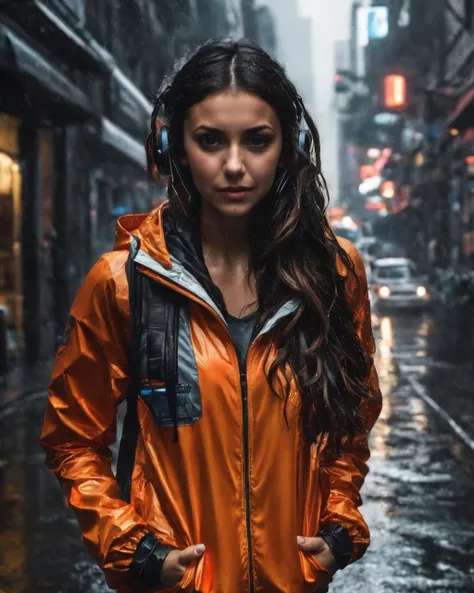 nina_dobrev,<lora:NinaDobrevXL:1>,woman, gamer headphones, wet clothes, wet skin, wet hair, soaking wet, black cyberpunk hoodie, neon detail, hands in pockets, city street, flooded street,night, raining, heavy rain, happy, smiling, long hair, realistic,, ((perfect eyes, detailed eyes,realistic eyes)), ((sharp face, detailed face, realistic face, naturtal skin, realistic skin, detailed skin, pores)), (masterpiece, best quality, ultra-detailed, best shadow), high contrast, (best illumination), ((cinematic light)), colorful, hyper detail, dramatic light, intricate details, (1 girl, solo) , ultra detailed artistic photography, dreamy, backlit, shadows, ultra high definition, 8k, ultra sharp focus, ultra high quality model, soft lighting, film photography, analogue photography, hyperrealism,