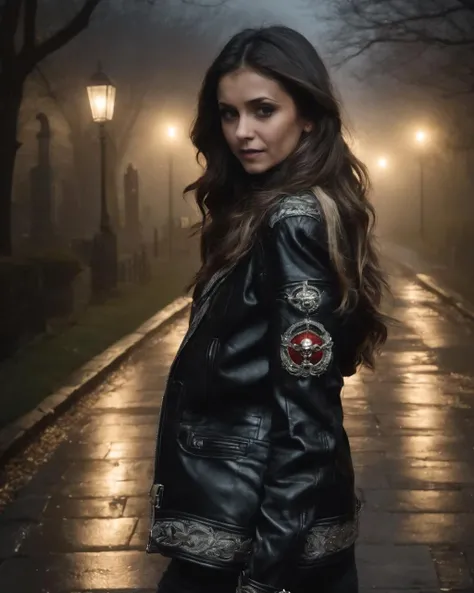 nina_dobrev,<lora:NinaDobrevXL:1>,1girl, solo, long hair, jewelry, necklace, realistic,  leather, brown eyes, jacket, leather jacket, (turtleneck sweater), evil smile, walking down a dark foggy path, fingerless gloves, denim jacket, pendant, upper body, graveyard at night, full moon, fog, foggy, tombstones, zombies, ghosts, vampires, werewolfs, horror atmosphere, ((perfect eyes, detailed eyes,realistic eyes)), ((sharp face, detailed face, realistic face, naturtal skin, realistic skin, detailed skin, pores)), (masterpiece, best quality, ultra-detailed, best shadow), high contrast, (best illumination), ((cinematic light)), colorful, hyper detail, dramatic light, intricate details, (1 girl, solo) , ultra detailed artistic photography, dreamy, backlit, shadows, ultra high definition, 8k, ultra sharp focus, ultra high quality model, soft lighting, film photography, analogue photography, hyperrealism,