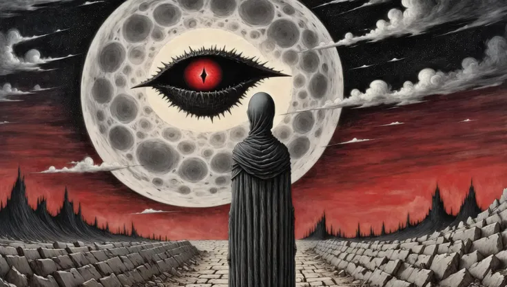 <lora:Edward Gorey Style:2> <lora:Explosion Artstyle - Trigger is Explosion Artstyle:1.2> (8k, highest quality, natural lighting, masterpiece, intricate, sharp focus, blurred background, brutal), (edwardgorey style:1), (an emaciated shrouded madonna with the skeletal physique of a Holocaust survivor is standing in an atomic wasteland:1.5), (she wears a rugged and torn black shroud:1.7), (bloodshot eyes:1.8), (crying blood:2), (terrible plains of Sheol stretching to the horizon:2), (sublime landscape:1.5), (rugged mountains:2), (dead gnarled and distorted trees littering the landscape:1.5), (the collapsed ruins of the Tower of Babel in the distance:2), (distorted and tormented shadows of the dead howling in despair and pain:2), (looking at the horizon:1.5), (Hineni:2), (atomic explosion in the far distance:1.5),  (religious visions and revelations forming in the clouds and the sky:2), (whirling cumulus clouds:1.2), (atomic blast wave approaching, destroying everything in its way:2), (night:2), (full moon:2), (blood-red sky:2), (sublime:1.7), (majestic landscape:1.5), (atmospheric:1.5), (bizarre:1.6), (morbid:1.2), (sad:1.5), (terrifying:1.7), (melancholic:1.5), (surreal:2), (detailed faces:1.5), (perfect bodies:1.5), (from behind:1.5), (perfect hands:1.5), (intense movement expression:1.2), explosion artstyle