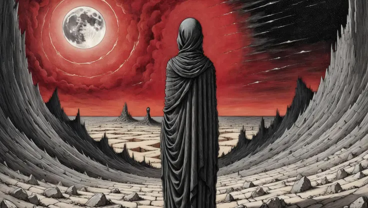 <lora:Edward Gorey Style:2> <lora:Explosion Artstyle - Trigger is Explosion Artstyle:1.2> (8k, highest quality, natural lighting, masterpiece, intricate, sharp focus, blurred background, brutal), (edwardgorey style:1), (an emaciated shrouded madonna with the skeletal physique of a Holocaust survivor is standing in an atomic wasteland:1.5), (she wears a rugged and torn black shroud:1.7), (bloodshot eyes:1.8), (crying blood:2), (terrible plains of Sheol stretching to the horizon:2), (sublime landscape:1.5), (rugged mountains:2), (dead gnarled and distorted trees littering the landscape:1.5), (the collapsed ruins of the Tower of Babel in the distance:2), (distorted and tormented shadows of the dead howling in despair and pain:2), (looking at the horizon:1.5), (Hineni:2), (atomic explosion in the far distance:1.5),  (religious visions and revelations forming in the clouds and the sky:2), (whirling cumulus clouds:1.2), (atomic blast wave approaching, destroying everything in its way:2), (night:2), (full moon:2), (blood-red sky:2), (sublime:1.7), (majestic landscape:1.5), (atmospheric:1.5), (bizarre:1.6), (morbid:1.2), (sad:1.5), (terrifying:1.7), (melancholic:1.5), (surreal:2), (detailed faces:1.5), (perfect bodies:1.5), (from behind:1.5), (perfect hands:1.5), (intense movement expression:1.2), explosion artstyle