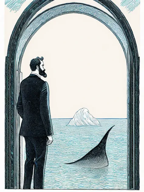 <lora:EdwardGorey:1>a drawing of a man looking at a giant creature in the ocean from a doorway by Edward Gorey