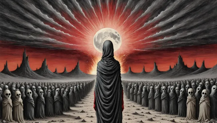 <lora:Edward Gorey Style:2> <lora:Explosion Artstyle - Trigger is Explosion Artstyle:1.2> (8k, highest quality, natural lighting, photorealistic, realistic, masterpiece, intricate, sharp focus, blurred background, brutal), (edwardgorey style:1), (emaciated shrouded madonna standing in an atomic wasteland:1.5), (skeletal physique of a Holocaust survivor:1.8), (she wears a rugged and torns black shroud:1.7), (bloodshot eyes:1.8), (crying blood:2), (sublime landscape:1.5), (rugged mountains on the horizon:2), (dead gnarled and distorted trees littering the landscape:1.5), (a huge collapsed tower in the distance:2), (distorted and tormented ghosts of the dead howling in despair and pain:2), (looking at the horizon:1.5), (Hineni:2), (atomic explosion in the far distance:1.5),  (religious visions and revelations forming in the explosion and the sky:2), (whirling cumulus clouds:1.2), (atomic blast wave approaching, destroying everything in its way:2), (night:2), (full moon:2), (blood-red sky:2), (sublime:1.7), (majestic landscape:1.5), (atmospheric:1.5), (bizarre:1.6), (morbid:1.2), (sad:1.5), (terrifying:1.7), (melancholic:1.5), (surreal:2), (detailed faces:1.5), (perfect bodies:1.5), (from behind:1.5), (perfect hands:1.5), (intense movement expression:1.2), explosion artstyle