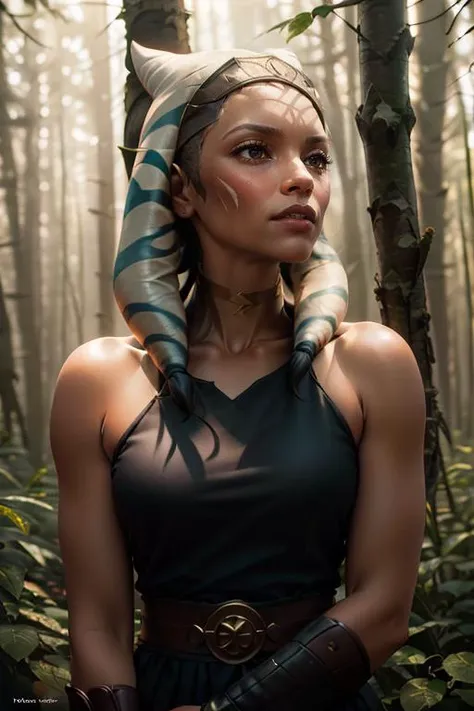 <lora:ARWahsokatano:1> ahsokatano woman, rosario dawson in dark forest, smirk, Photorealistic, Hyperrealistic, Hyperdetailed, analog style, hip cocked, demure, low cut, detailed skin, matte skin, soft lighting, subsurface scattering, realistic, heavy shadow, masterpiece, best quality, ultra realistic, 8k, golden ratio, Intricate, High Detail, film photography, soft focus