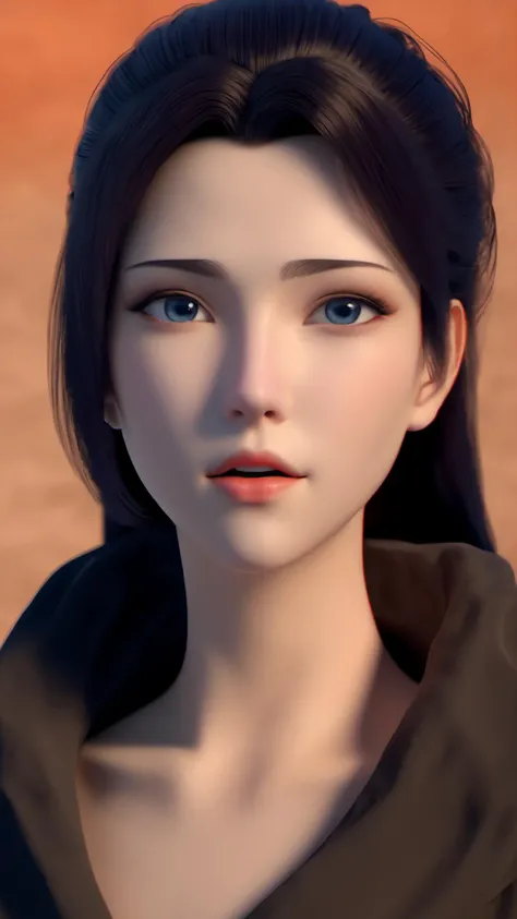 (8k, best quality, masterpiece), (ultra-detailed:1.1), (high detailed skin),1girl, black_robe, black_hair, blue_eyes, brown_background, closed_mouth, gradient, gradient_background, lips, looking_at_viewer, nose, orange_background, realistic, red_lips, long_hair, solo, upper_body,<lora:yunyun_xl:0.8>