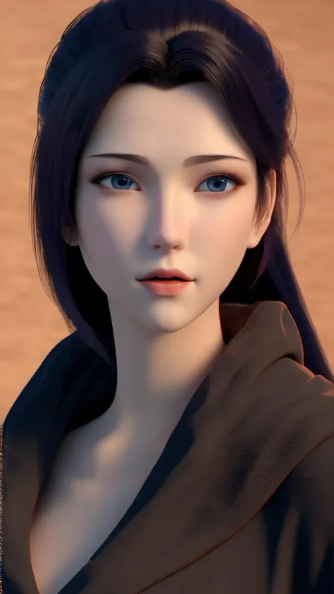 (8k, best quality, masterpiece), (ultra-detailed:1.1), (high detailed skin),1girl, black_robe, black_hair, blue_eyes, brown_background, closed_mouth, gradient, gradient_background, lips, looking_at_viewer, nose, orange_background, realistic, red_lips, long_hair, solo, upper_body,<lora:yunyun_xl:0.8>