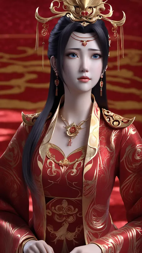 (8k, best quality, masterpiece), (ultra-detailed:1.1), (high detailed skin),1girl, chinese_wedding_clothes, red dress, red clothes,blue_eyes, earrings, gem, jewelry, lips, long_hair, looking_at_viewer, necklace, solo,cowboy_shot,<lora:yunyun_xl:0.8>