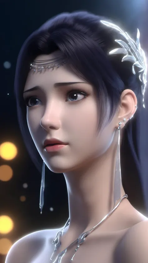 (8k, best quality, masterpiece), (ultra-detailed:1.1), (high detailed skin),1girl, bare_shoulders, black_hair, glowing, light_particles, collarbone, depth_of_field, earrings, jewelry, lips, nose, profile, realistic, solo, upper_body, looking at viewer,<lora:yunyun_xl:0.8>