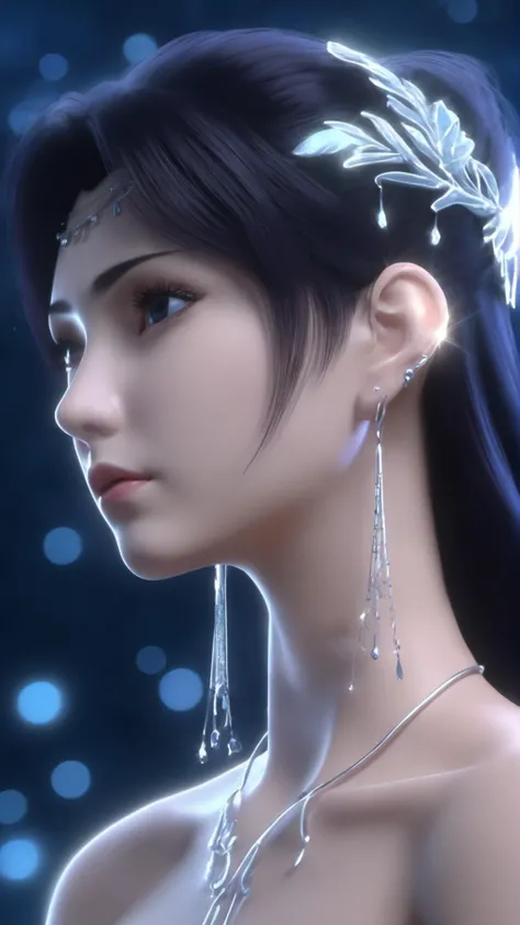 (8k, best quality, masterpiece), (ultra-detailed:1.1), (high detailed skin),1girl, bare_shoulders, black_hair, glowing, light_particles, collarbone, depth_of_field, earrings, jewelry, lips, nose, profile, realistic, solo, upper_body, <lora:yunyun_xl:0.8>