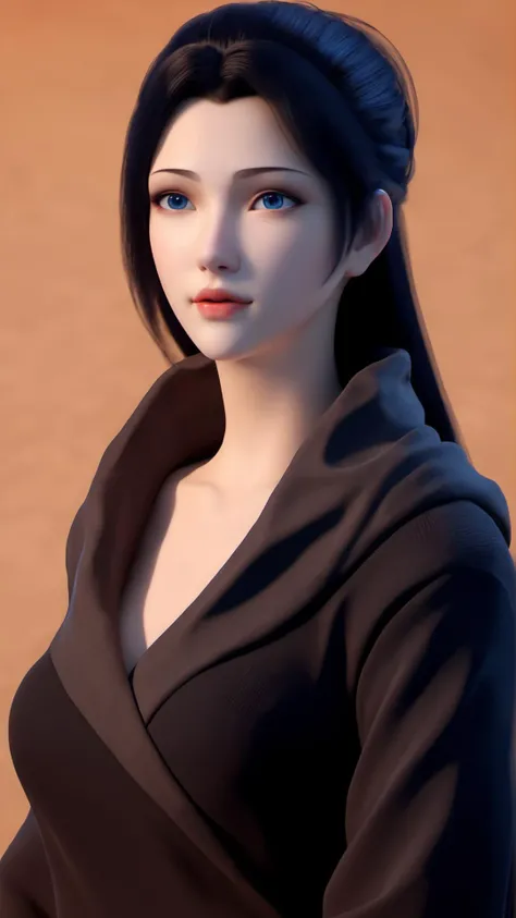 (8k, best quality, masterpiece), (ultra-detailed:1.1), (high detailed skin),1girl, black_robe, black_hair, blue_eyes, brown_background, closed_mouth, gradient, gradient_background, lips, looking_at_viewer, nose, orange_background, realistic, red_lips, long_hair, solo, upper_body,<lora:yunyun_xl:0.8>