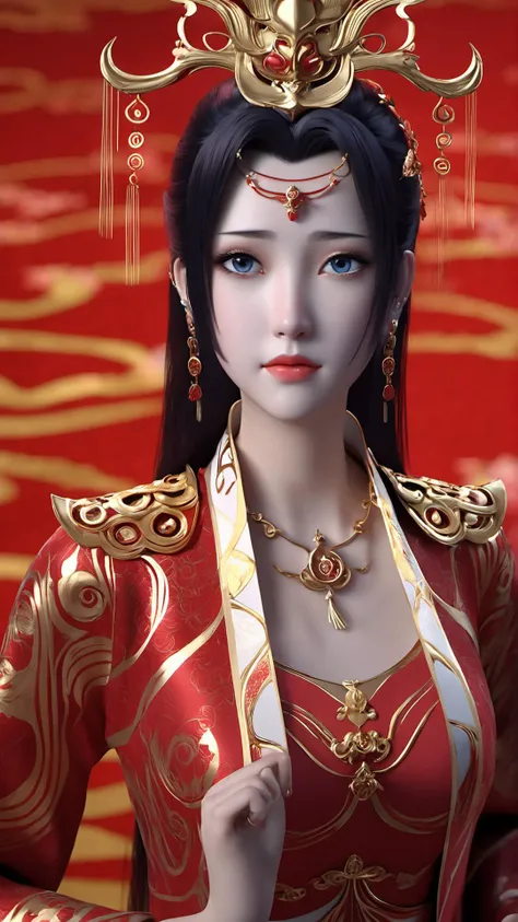 (8k, best quality, masterpiece), (ultra-detailed:1.1), (high detailed skin),1girl, chinese_wedding_clothes, red dress, red clothes,blue_eyes, earrings, gem, jewelry, lips, long_hair, looking_at_viewer, necklace, solo,cowboy_shot,<lora:yunyun_xl:0.8>