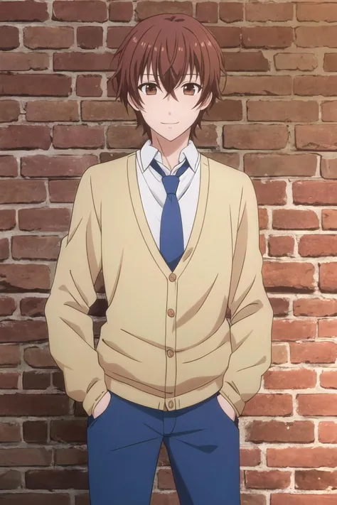 masterpiece, best quality, 1boy, solo, takumi_kijima, upper body, standing, against wall, brick wall, looking at viewer, brown hair, brown eyes, light smile, layered clothes, yellow cardigan, blue necktie, blue pants, hands in pockets,