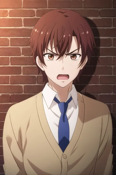 masterpiece, best quality, 1boy, takumi_kijima, portrait, upper body, against wall, brick wall, looking at viewer, brown hair, brown eyes, v-shaped eyebrows, angry, glaring, open mouth, cardigan, white shirt, loose blue necktie,
